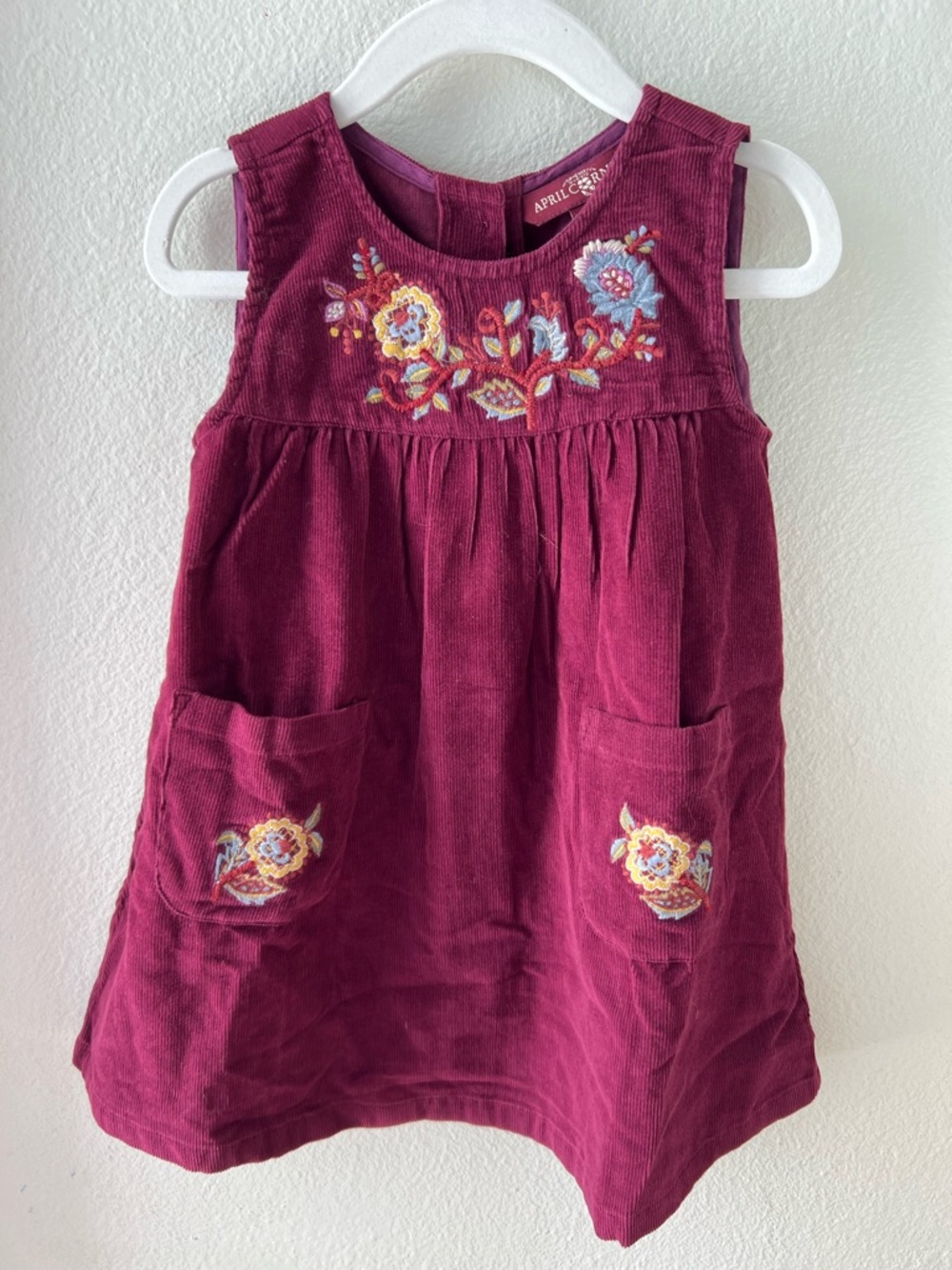 April Cornell Wine Corduroy Embroidered Pocket Dress